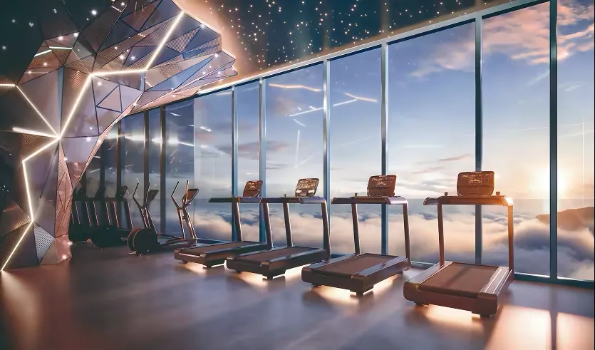 Academia do Senna Tower com esteiras voltadas para a fachada de vidro e vista para a cidade