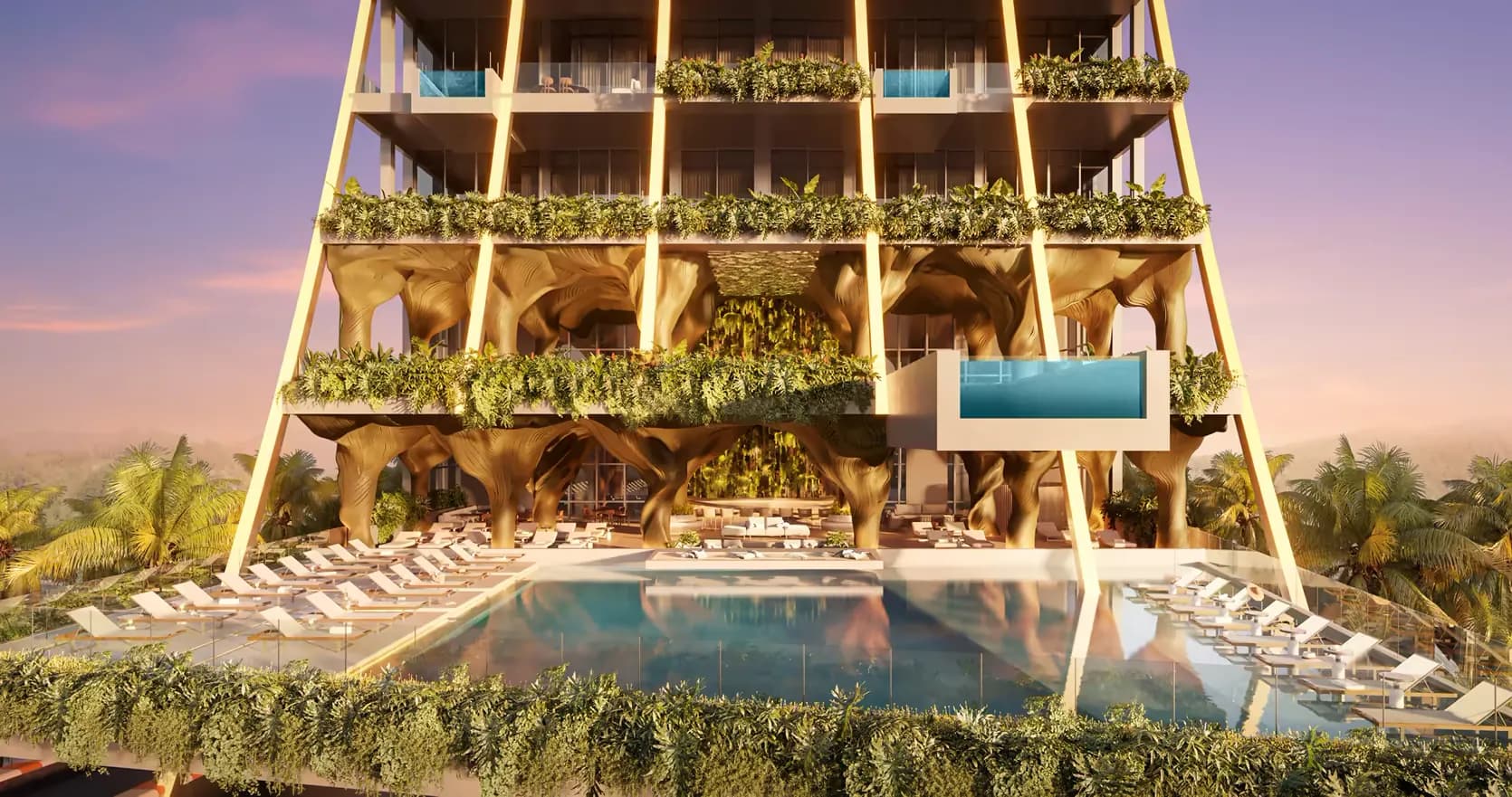 Terraços verdes e piscina do embasamento do Senna Tower voltados para o mar