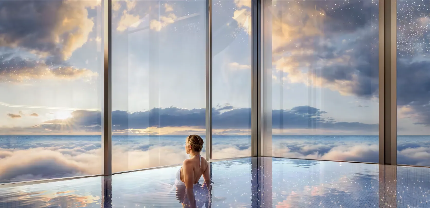Piscina aquecida a 212 metros de altura, com uma mulher contemplando as nuvens pela fachada de vidro