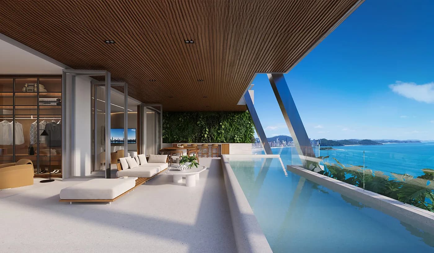 Terraço de mansão suspensa do Senna Tower com piscina de borda infinita e vista para o mar
